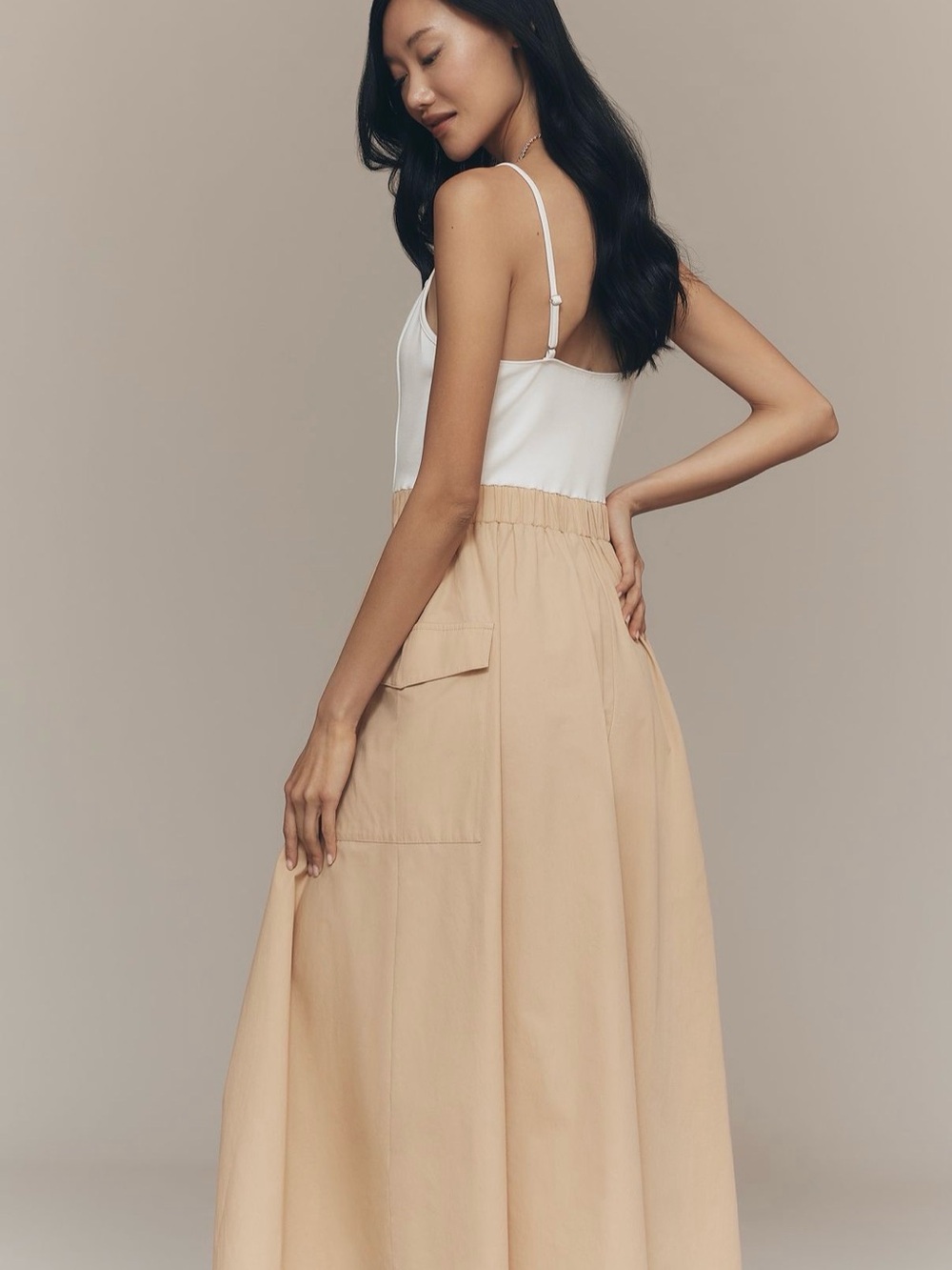 NWOT, Anthropologie A-Line Midi Dress with cargo pockets, khaki and white, Small - Picture 4 of 6